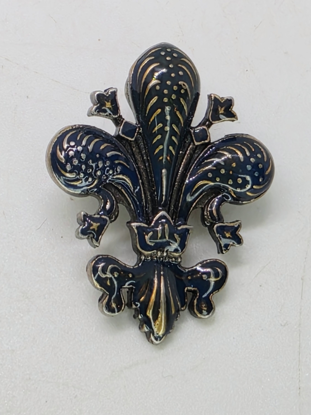 Vintage Atq Royal Blue Enamel Guilloche Fleur-de-Lis Slide Pendant & Pin Brooch
